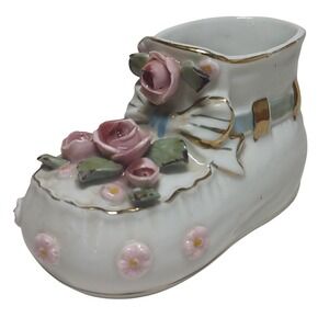 Vintage Napco Ceramic Baby Bootie Shoe Planter Blue Ribbon Pink Roses S148‎